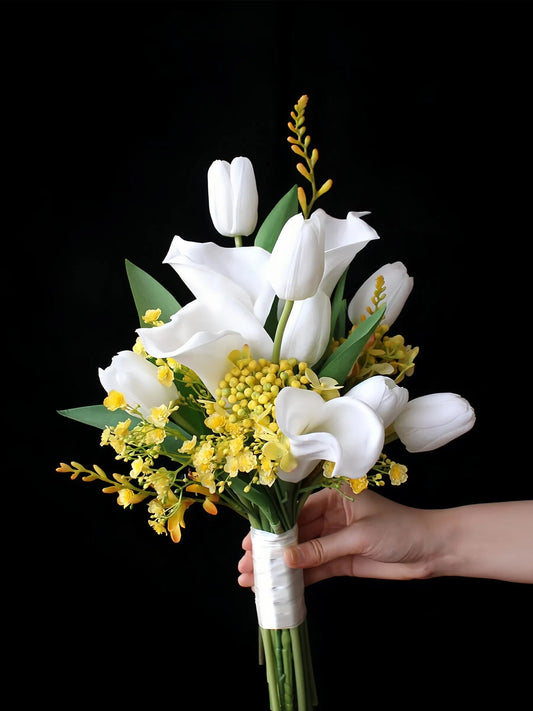 Artificial Calla Lily & Baby’s Breath Wedding Bouquet – 15.7" White & Yellow Bridal Flowers with Green Leaf Accents, Hand-Tied with Satin Ribbon