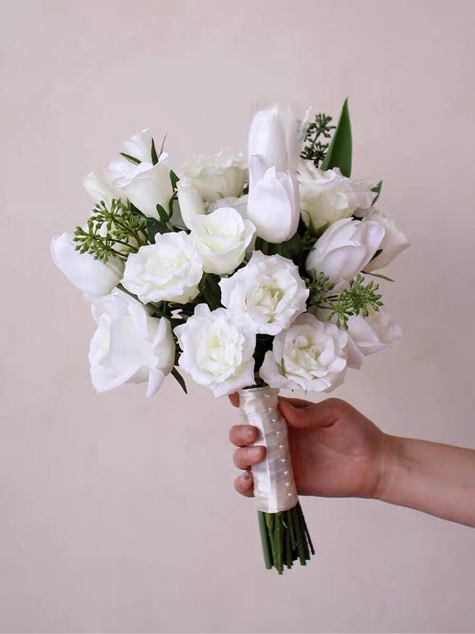 Artificial White Rose & Tulip Wedding Bouquet – 15.7" All-White Bridal Flowers with Green Leaf Accents, Hand-Tied with Satin Ribbon