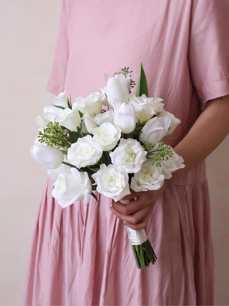 Artificial White Rose & Tulip Wedding Bouquet – 15.7" All-White Bridal Flowers with Green Leaf Accents, Hand-Tied with Satin Ribbon