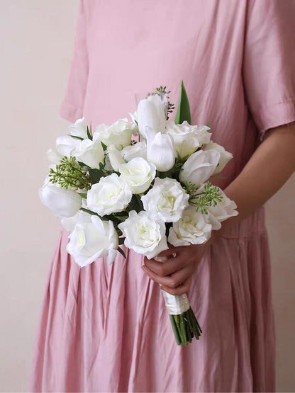 Artificial White Rose & Tulip Wedding Bouquet – 15.7" All-White Bridal Flowers with Green Leaf Accents, Hand-Tied with Satin Ribbon