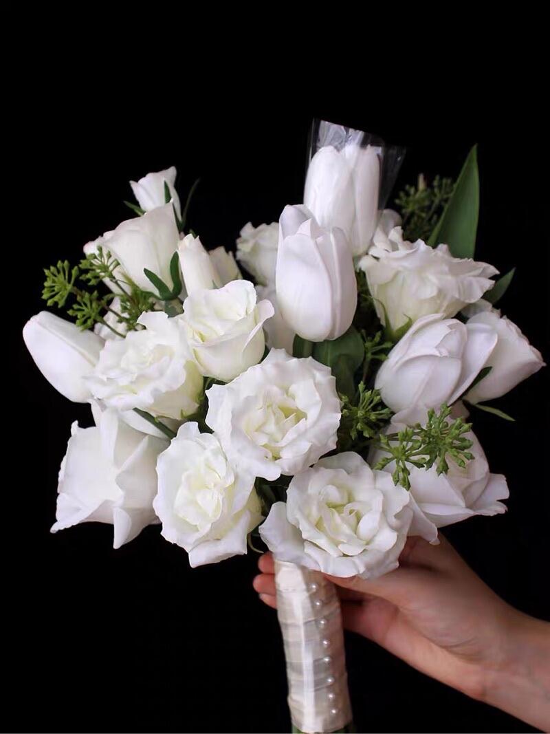 Artificial White Rose & Tulip Wedding Bouquet – 15.7" All-White Bridal Flowers with Green Leaf Accents, Hand-Tied with Satin Ribbon