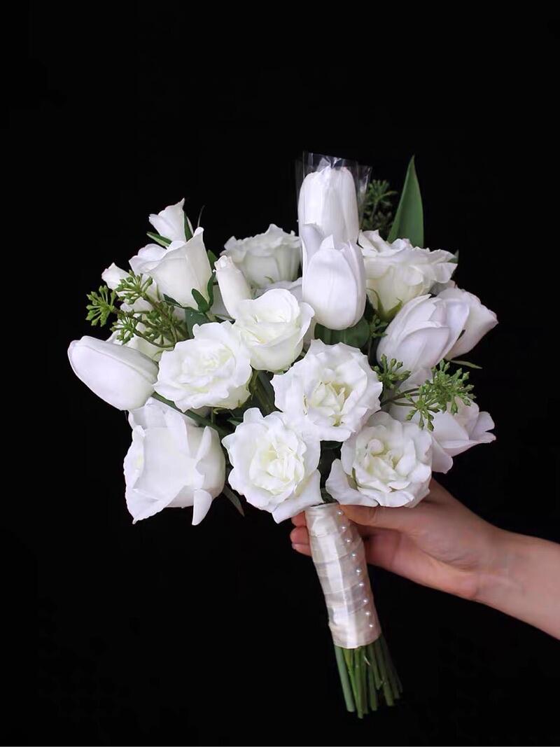 Artificial White Rose & Tulip Wedding Bouquet – 15.7" All-White Bridal Flowers with Green Leaf Accents, Hand-Tied with Satin Ribbon