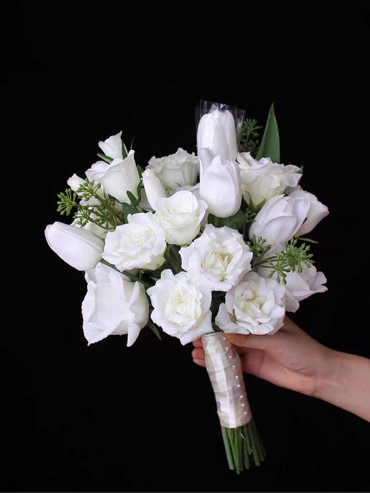 Artificial White Rose & Tulip Wedding Bouquet – 15.7" All-White Bridal Flowers with Green Leaf Accents, Hand-Tied with Satin Ribbon