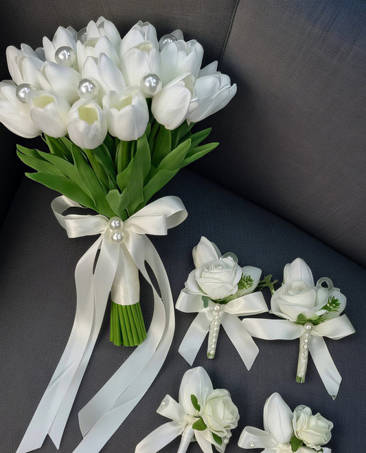 Elegant Artificial Tulip Wedding Bouquet with Pearl Ribbon – Real Touch Bridal Flowers