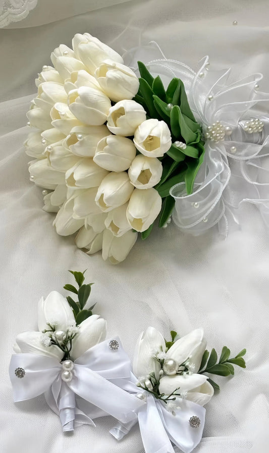 Elegant Artificial Tulip Wedding Bouquet with Pearl Ribbon – Real Touch Bridal Flowers