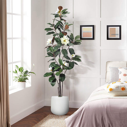 Artificial Magnolia Tree – White Blooms & Lush Green Leaves