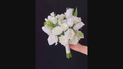 Artificial White Rose & Tulip Wedding Bouquet – 15.7" All-White Bridal Flowers with Green Leaf Accents, Hand-Tied with Satin Ribbon